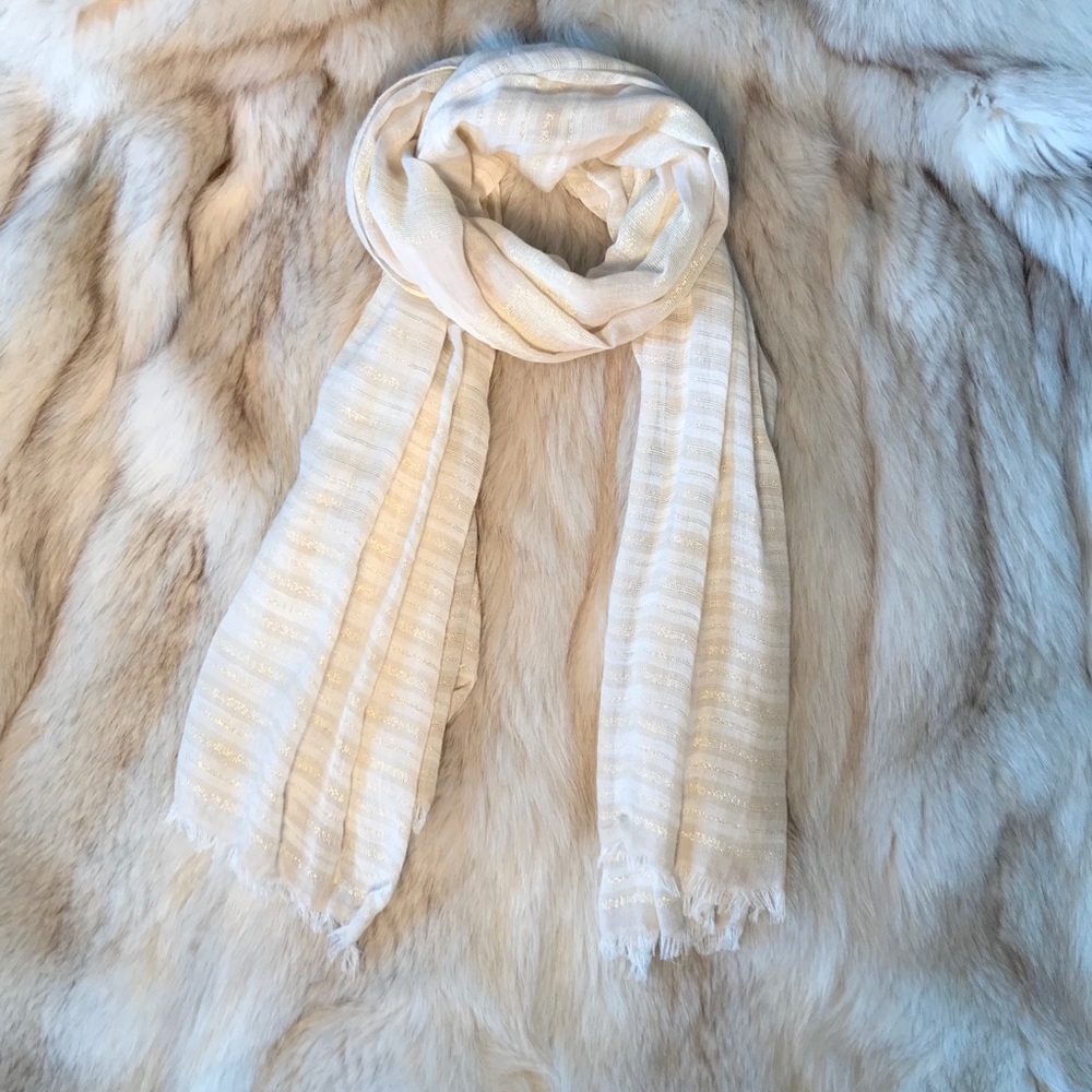 J Crew Lightweight White, Cream and Gold Scarf